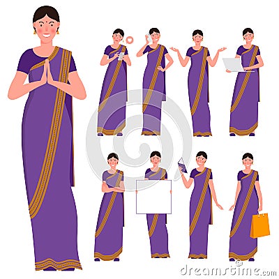 Set of indian young women poses and actions. Vector Illustration