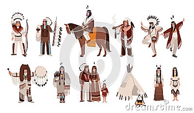 Set of Indians in traditional costumes. Native american family, girl, shaman, people with a bow and arrows, peace-pipe Vector Illustration