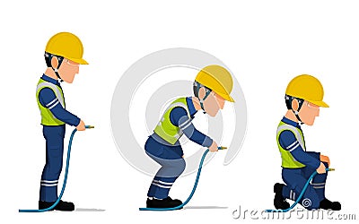 Set of industrial worker with hose on white background Vector Illustration