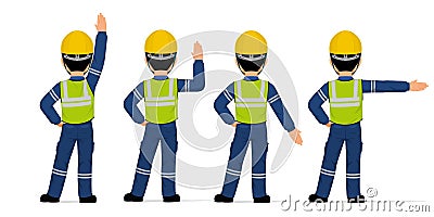 Set of industrial worker raising hand in different positions on white background Vector Illustration