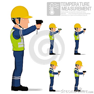 Set of industrial worker using pyrometer for measuring temperature Vector Illustration