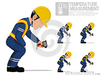 Set of industrial worker using pyrometer for measuring temperature Vector Illustration