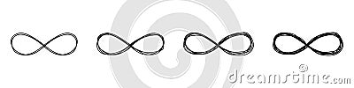 Set of infinity symbols drawn by one line isolated on white background. Repetitions or unlimited cycling. Vector illustration Stock Photo