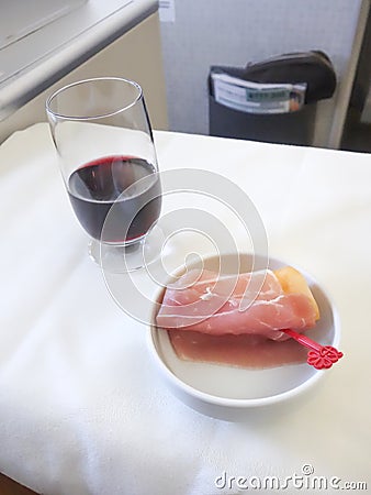 Set inflight meal on a tray, on a white table Stock Photo