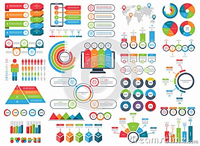 Set of infographic elements. Vector collection of diagrams, arrows, circles, timeline templates, pie charts Vector Illustration