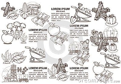 Set of infographics on farming. Agriculture outline drawing for coloring Stock Photo