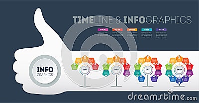Set of infographics in the form of flowers. Infographic or timeline with 4 trees and silhouette of thumb up Vector Illustration