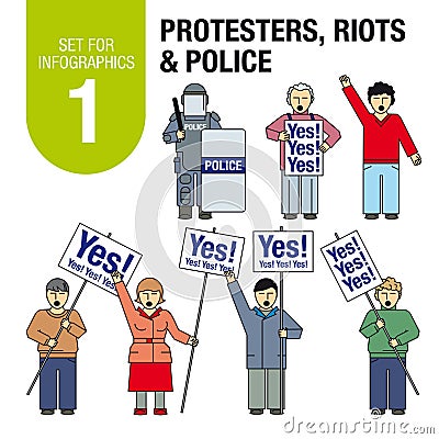 Set for infographics # 1: Protesters, riots, police. Vector Illustration