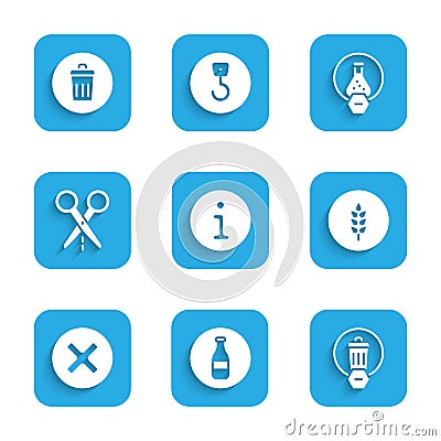 Set Information, Bottle, Trash can, Wheat, X Mark, Cross in circle, Scissors with cut line, Test tube and flask and icon Vector Illustration
