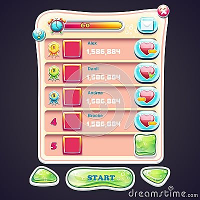 Set Information panel with beautiful shiny buttons and the various elements of the game design for computer games Vector Illustration