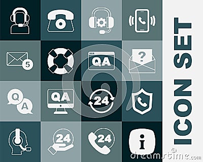 Set Information, Telephone 24 hours support, Envelope with question mark, Headphones, Lifebuoy, New, email incoming Vector Illustration