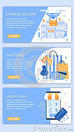 Set Informative Poster Written Order Online Flat. Vector Illustration