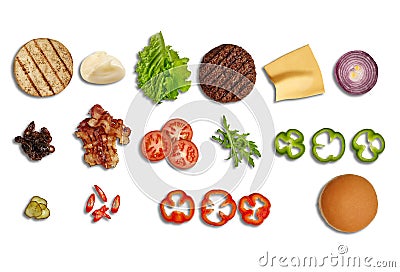 Set of ingredients for delicious burger isolated on white background. Cooking, fast food. Banner design. Close up, copy Stock Photo