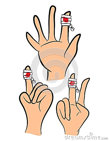 Set of Injured finger, hand wrapped in bandage with red blood puddle. Vector illustration isolated on white background. Vector Illustration