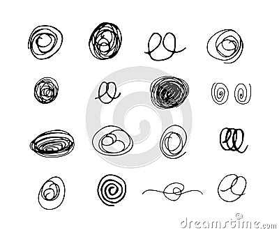 Set of ink hand draw elements square, triangle, circle, heart, spots, spiral, loop, scribble. Vector llustration Vector Illustration