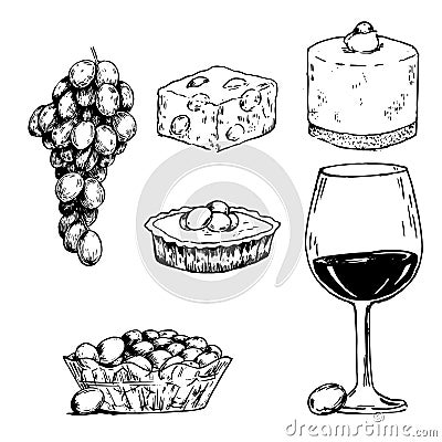 Grapes ink drawings set. Food made from grapes: wine, cake, pie, bowl of grapes illustration. Textured sketchy monochrome style. A Vector Illustration