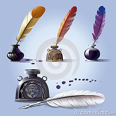 Set of ink tanks with writing bird feathers Stock Photo