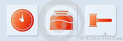 Set Inkwell, Clock and Judge gavel. White square button. Vector Vector Illustration