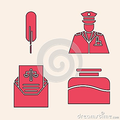 Set Inkwell, Feather pen, Police officer and Subpoena icon. Vector Vector Illustration