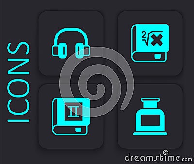 Set Inkwell, Headphones, Book with mathematics and icon. Black square button. Vector Vector Illustration