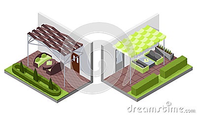 Set of inner courtyard isometric compositions with patio. House with private terrace with covering from above. Covered Vector Illustration