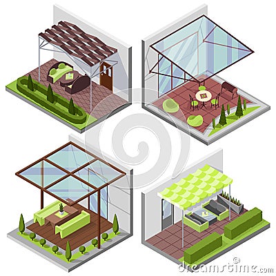 Set of inner courtyard isometric compositions with patio. House with private terrace with covering from above. Covered Vector Illustration