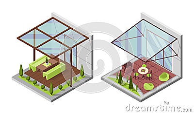 Set of inner courtyard isometric compositions with patio. Houses with a private terrace and transparent glass cover Vector Illustration