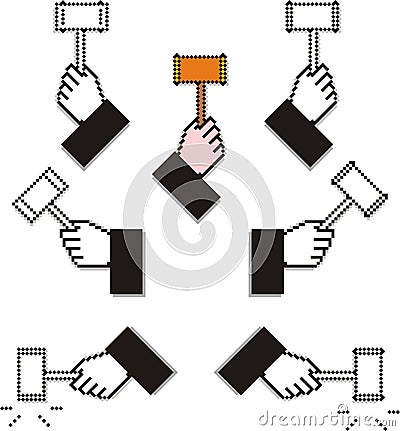 Pixelated Judge Hands with Hammers Vector Illustration