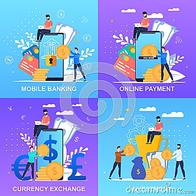 Set Inscription Mobile Banking Online Payment. Vector Illustration