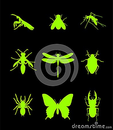 Set of insect vector silhouette illustration isolated on black. Praying mantis. Housefly. Mosquito. Wasp axis or honey bee symbol. Cartoon Illustration