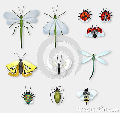 Set with insects: butterflies, dragonflies, ladybugs, beetles, bee, water strider. Stock Photo