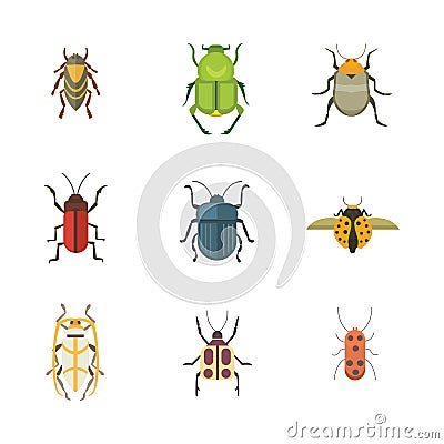 Set of insects flat style vector design icons. Collection nature beetle and zoology cartoon illustration Vector Illustration