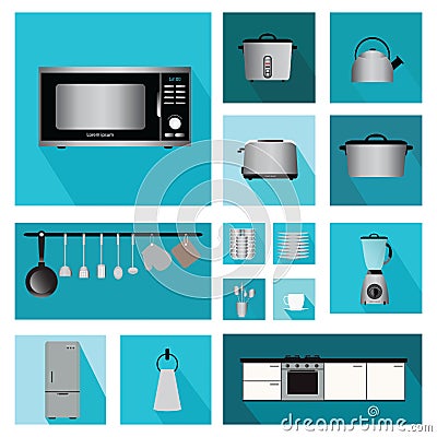 Set of Interior kitchen with kitchen shelves and cooking utensil Vector Illustration
