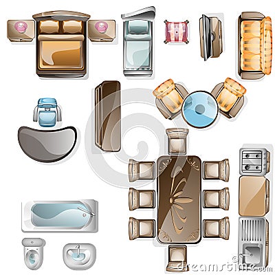 Set of interior top view. Vector Illustration