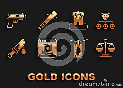 Set Internet piracy, Mafia, Scales of justice, Money laundering, Bloody knife, Arson home, Pistol or gun and Baseball Vector Illustration