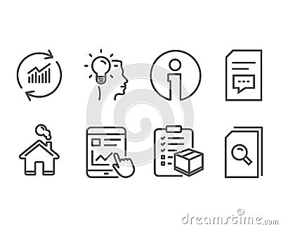 Internet report, Idea and Parcel checklist icons. Comments, Update data and Search files signs. Vector Illustration