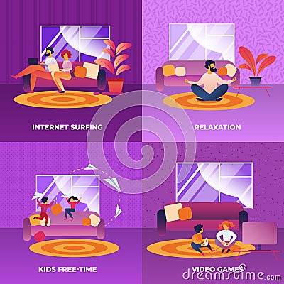 Set Internet Surfing, Relaxation, Video Games. Vector Illustration