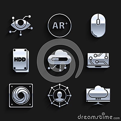 Set Internet of things, Project team base, Computer monitor screen, Laptop, cooler, Hard disk drive HDD, mouse and Vector Illustration