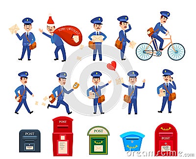 Set of Intersting Icons with Postman Characters Vector Illustration