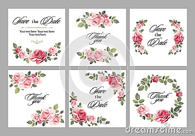 Set invitation vintage card with roses and antique decorative elements. Vector Illustration