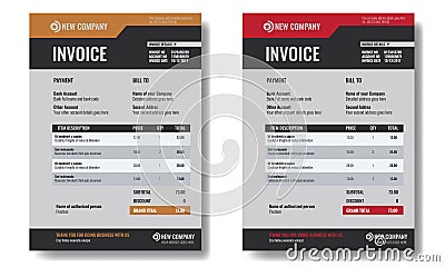 Set of Invoice template sample with trendy minimalism design. Vector Illustration