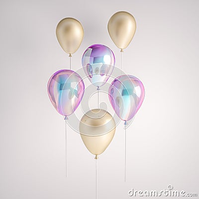 Set of iridescence holographic and gold foil balloons isolated on gray background. Trendy realistic design 3d elements for birthda Stock Photo