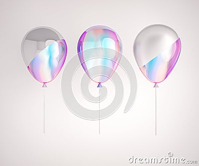 Set of iridescence holographic and silver foil balloons isolated on gray background. Trendy realistic design 3d elements for birth Stock Photo