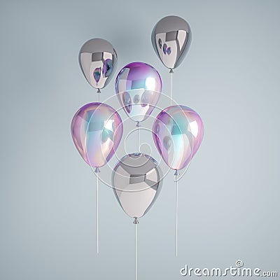 Set of iridescence holographic and silver foil balloons isolated on gray background. Trendy realistic design 3d elements for birth Stock Photo