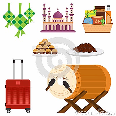 Set of islamic stuff such ketupat, mosque, parcel, suitcase, bedug, cake and dates isolated on white background Vector Illustration