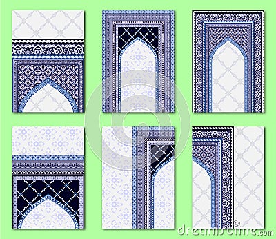 Set of Islamic style page layouts design template, creative art elements and ornament, brochure and flyer, classic blue and white Vector Illustration