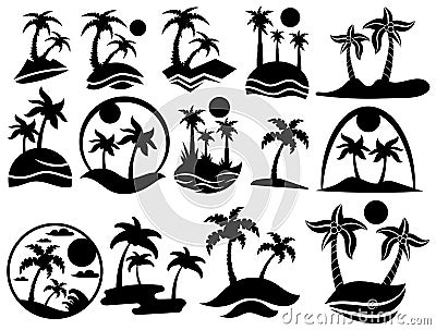 Set of islands with palm trees. The collection of silhouette of palm trees. Black and white vector illustration of a Vector Illustration