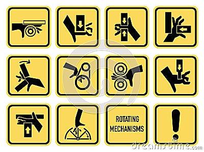 Hand entrapment hazard signs. Hand tightening warning sign. EPS 10. Vector Illustration