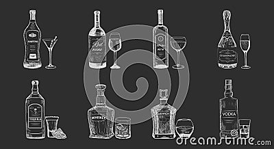 Set of isolated alcohol beverages, bottles sketch Vector Illustration