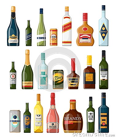 Set of isolated alcohol or booze bottles. Beverage Vector Illustration